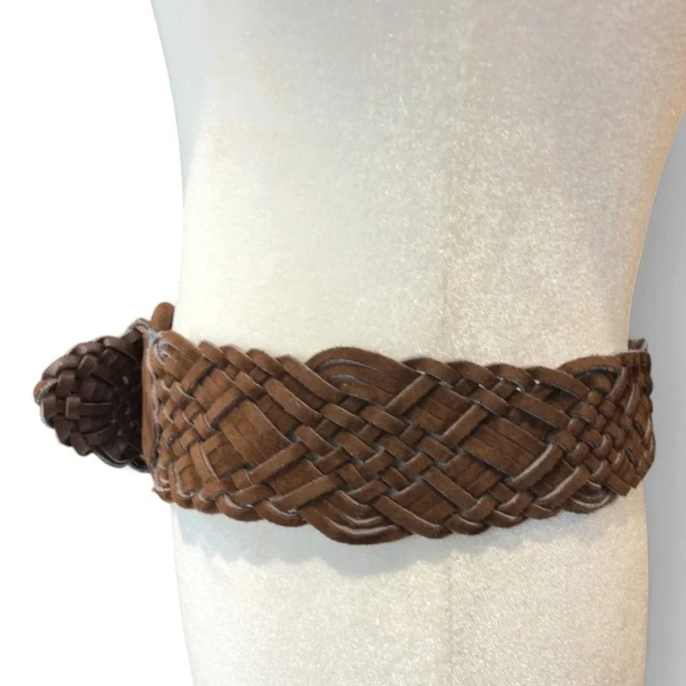 Brown Braided Belt Womens Size 3 Wide Woven Boho Hippie 70s Style Suede Look 39